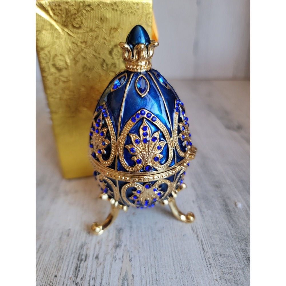 Blue rhinestone Easter egg trinket box enameled hinge home‎ decor figure